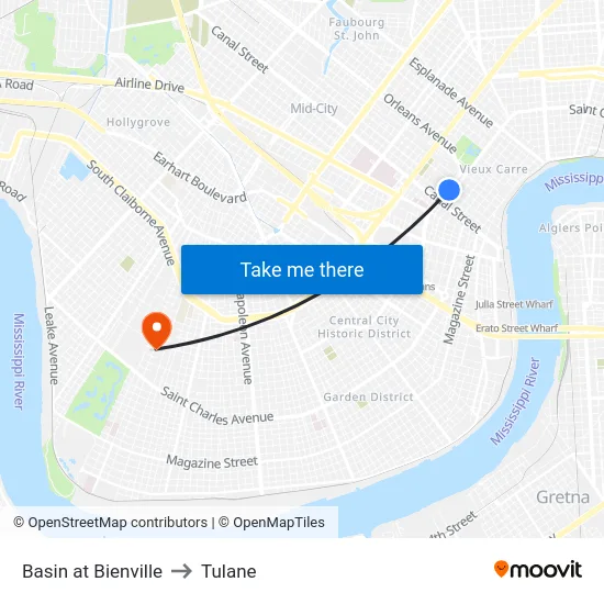 Basin at Bienville to Tulane map