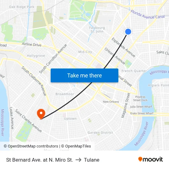 St Bernard Ave. at N. Miro St. to Tulane map