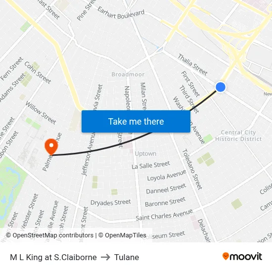 M L King at S.Claiborne to Tulane map