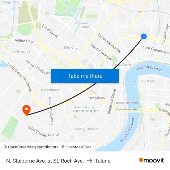 N. Claiborne Ave. at St. Roch Ave. to Tulane map