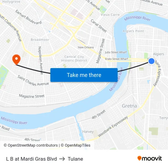 L B at Mardi Gras Blvd to Tulane map