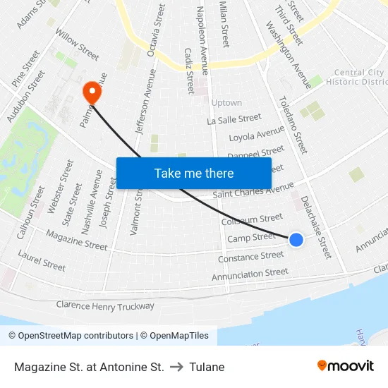 Magazine St. at Antonine St. to Tulane map