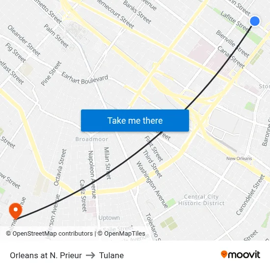 Orleans at N. Prieur to Tulane map