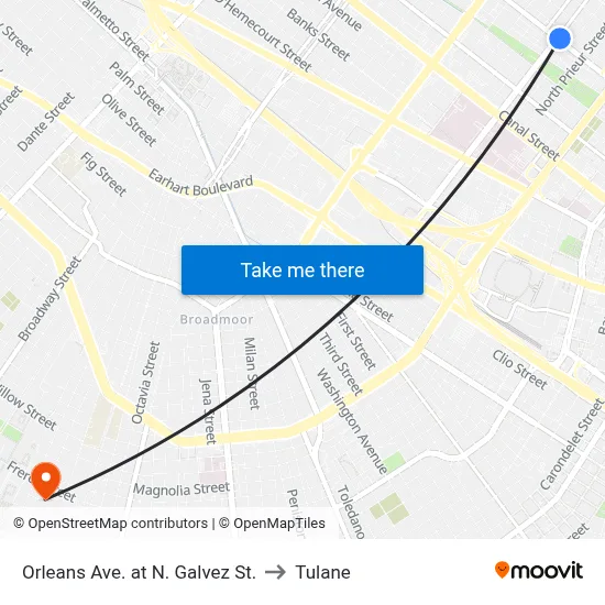 Orleans Ave. at N. Galvez St. to Tulane map