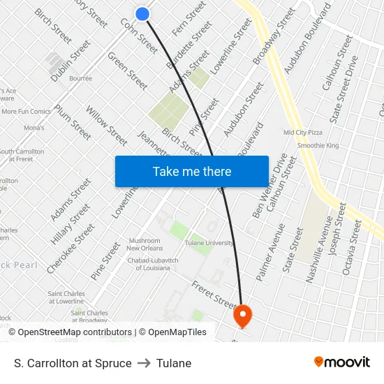 S. Carrollton at Spruce to Tulane map
