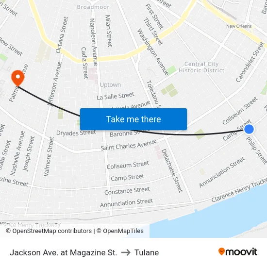 Jackson Ave. at Magazine St. to Tulane map