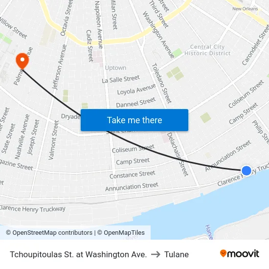 Tchoupitoulas St. at Washington Ave. to Tulane map