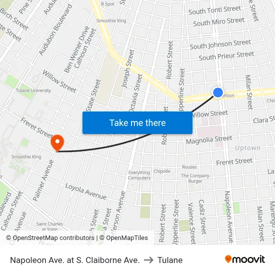 Napoleon Ave. at S. Claiborne Ave. to Tulane map
