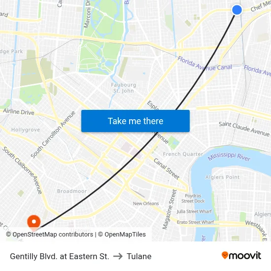 Gentilly Blvd. at Eastern St. to Tulane map