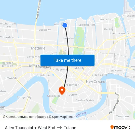 Allen Toussaint + West End to Tulane map