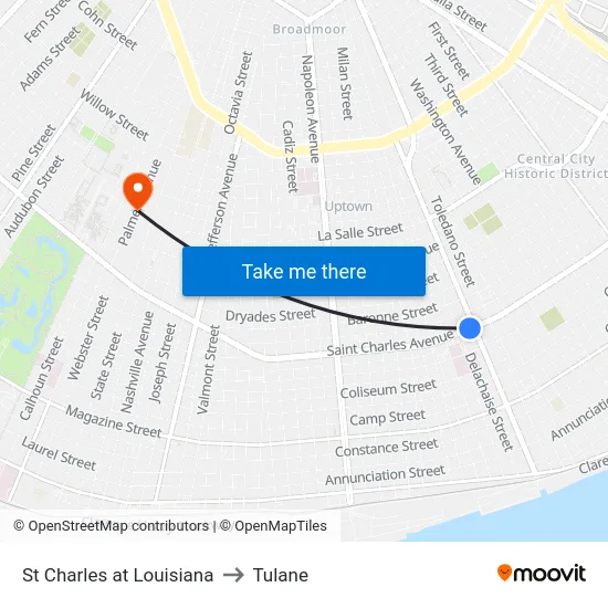 St Charles at Louisiana to Tulane map