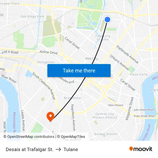 Desaix at Trafalgar St. to Tulane map