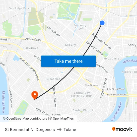 St Bernard at N. Dorgenois to Tulane map