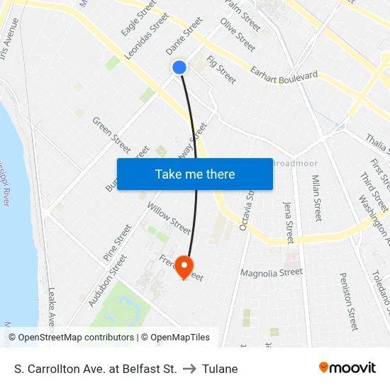 S. Carrollton Ave. at Belfast St. to Tulane map
