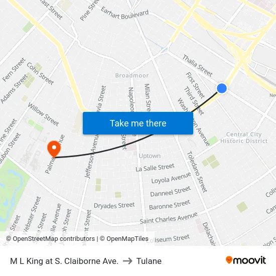 M L King at S. Claiborne Ave. to Tulane map