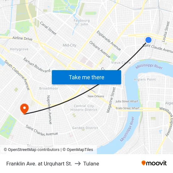 Franklin Ave. at Urquhart St. to Tulane map