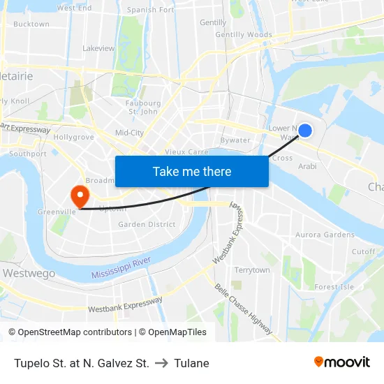 Tupelo St. at N. Galvez St. to Tulane map