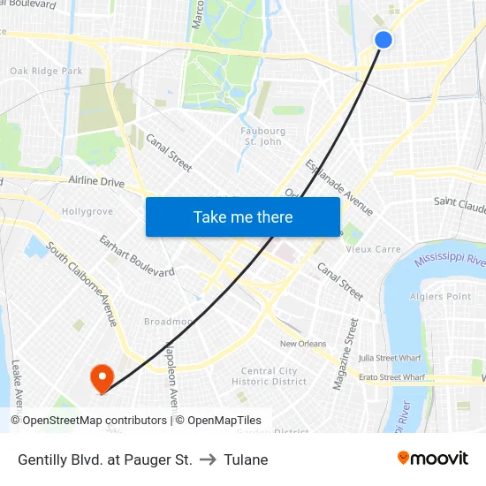 Gentilly Blvd. at Pauger St. to Tulane map