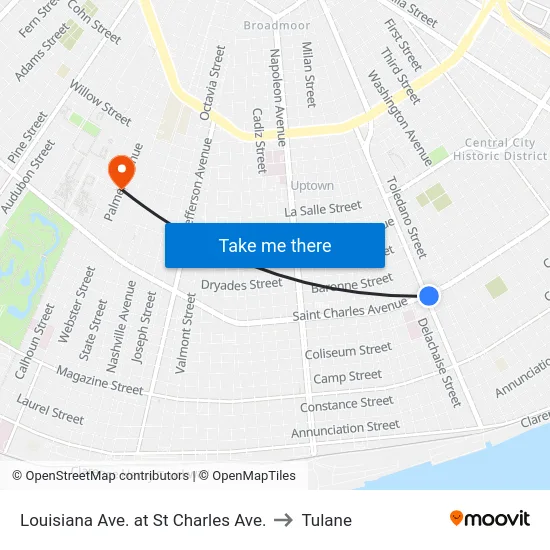 Louisiana Ave. at St Charles Ave. to Tulane map