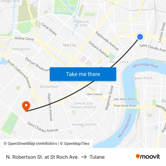 N. Robertson St. at St Roch Ave. to Tulane map