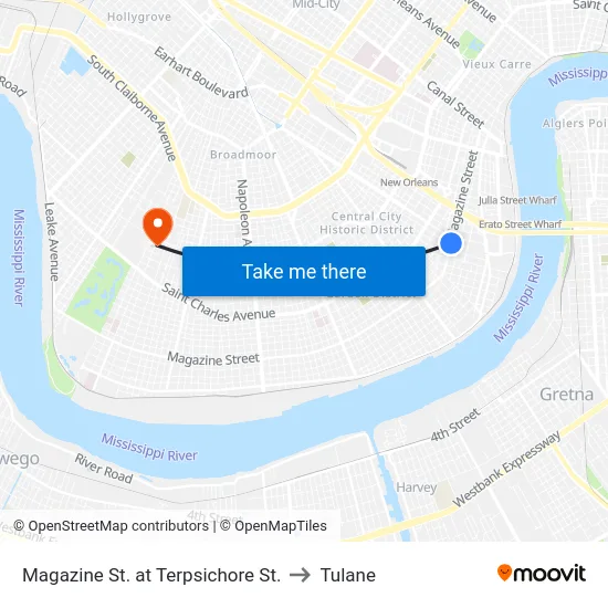 Magazine St. at Terpsichore St. to Tulane map