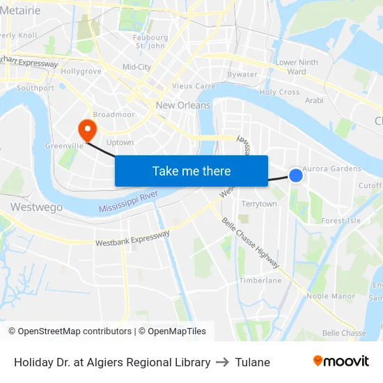 Holiday Dr. at Algiers Regional Library to Tulane map