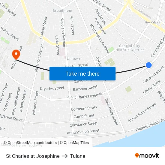 St Charles at Josephine to Tulane map