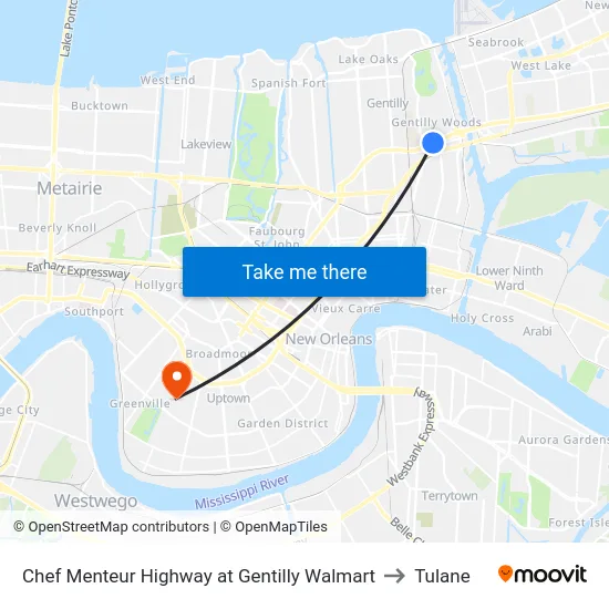 Chef Menteur Highway at Gentilly Walmart to Tulane map