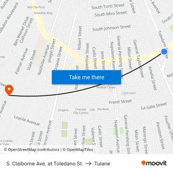 S. Claiborne Ave. at Toledano St. to Tulane map