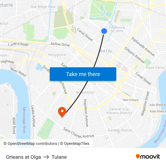 Orleans at Olga to Tulane map