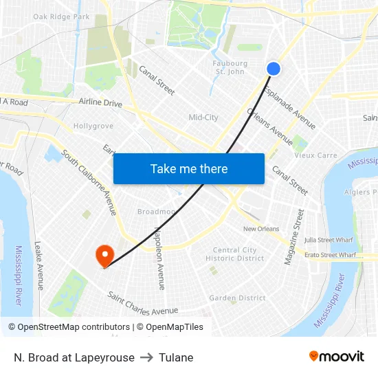 N. Broad at Lapeyrouse to Tulane map