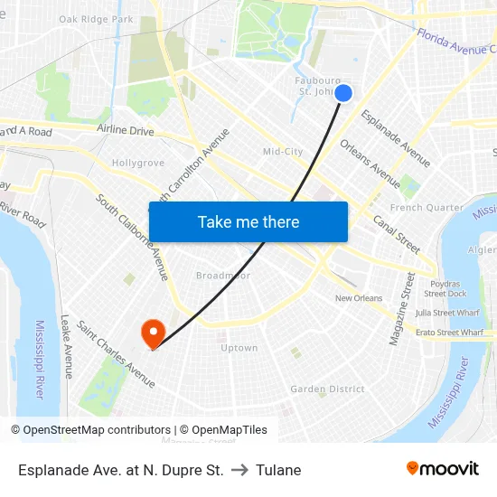 Esplanade Ave. at N. Dupre St. to Tulane map