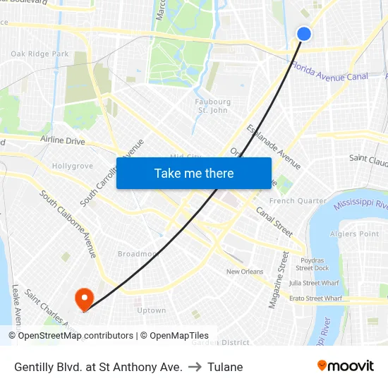 Gentilly Blvd. at St Anthony Ave. to Tulane map