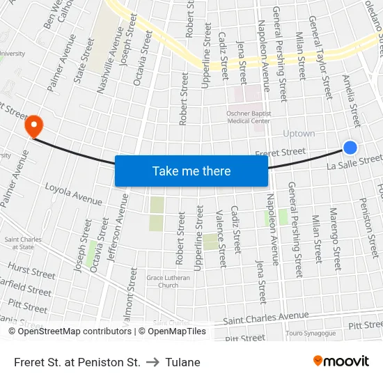 Freret St. at Peniston St. to Tulane map