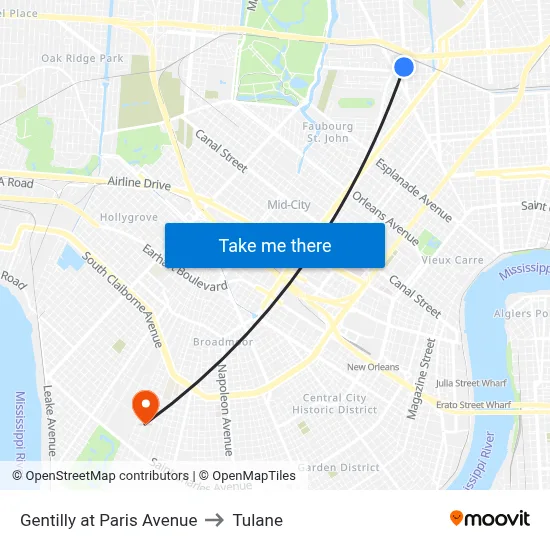 Gentilly at Paris Avenue to Tulane map