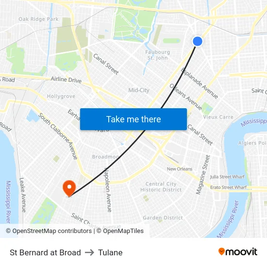 St Bernard at Broad to Tulane map