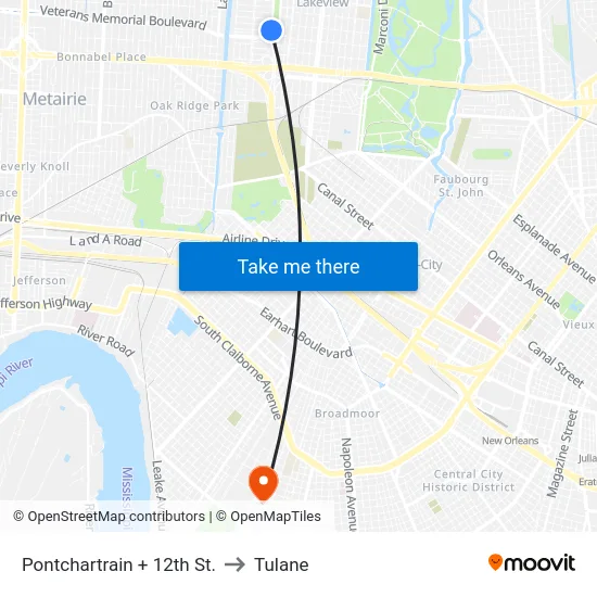 Pontchartrain + 12th St. to Tulane map