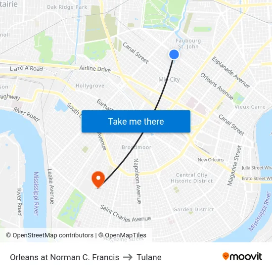 Orleans at Norman C. Francis to Tulane map