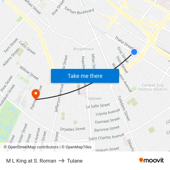 M L King at S. Roman to Tulane map