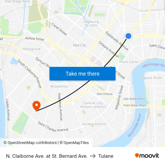 N. Claiborne Ave. at St. Bernard Ave. to Tulane map