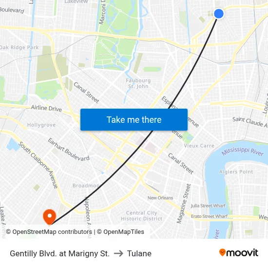 Gentilly Blvd. at Marigny St. to Tulane map