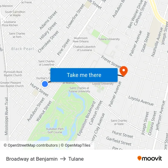 Broadway at Benjamin to Tulane map