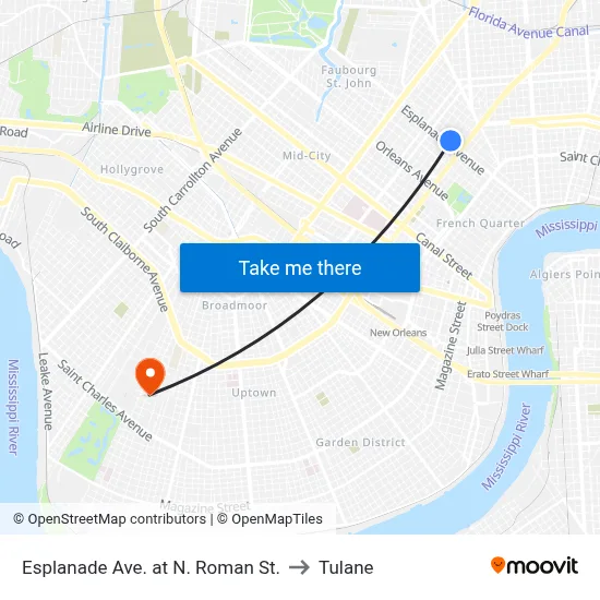 Esplanade Ave. at N. Roman St. to Tulane map