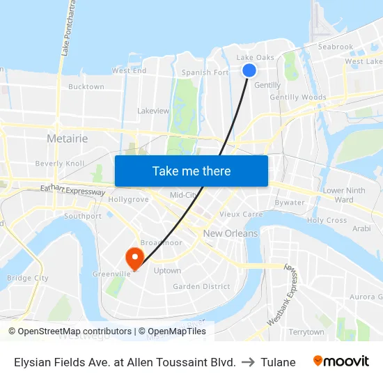 Elysian Fields Ave. at Allen Toussaint Blvd. to Tulane map