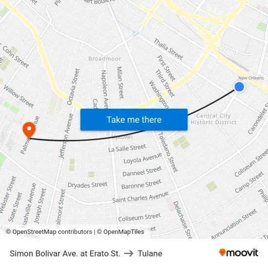 Simon Bolivar Ave. at Erato St. to Tulane map