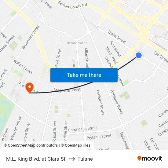 M.L. King Blvd. at Clara St. to Tulane map