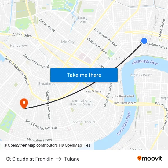 St Claude at Franklin to Tulane map