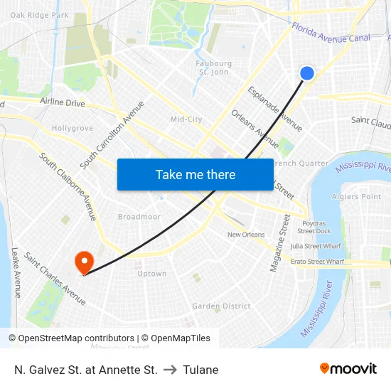 N. Galvez St. at Annette St. to Tulane map
