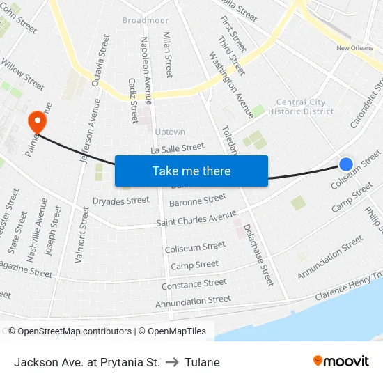 Jackson Ave. at Prytania St. to Tulane map