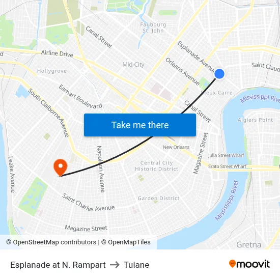 Esplanade at N. Rampart to Tulane map